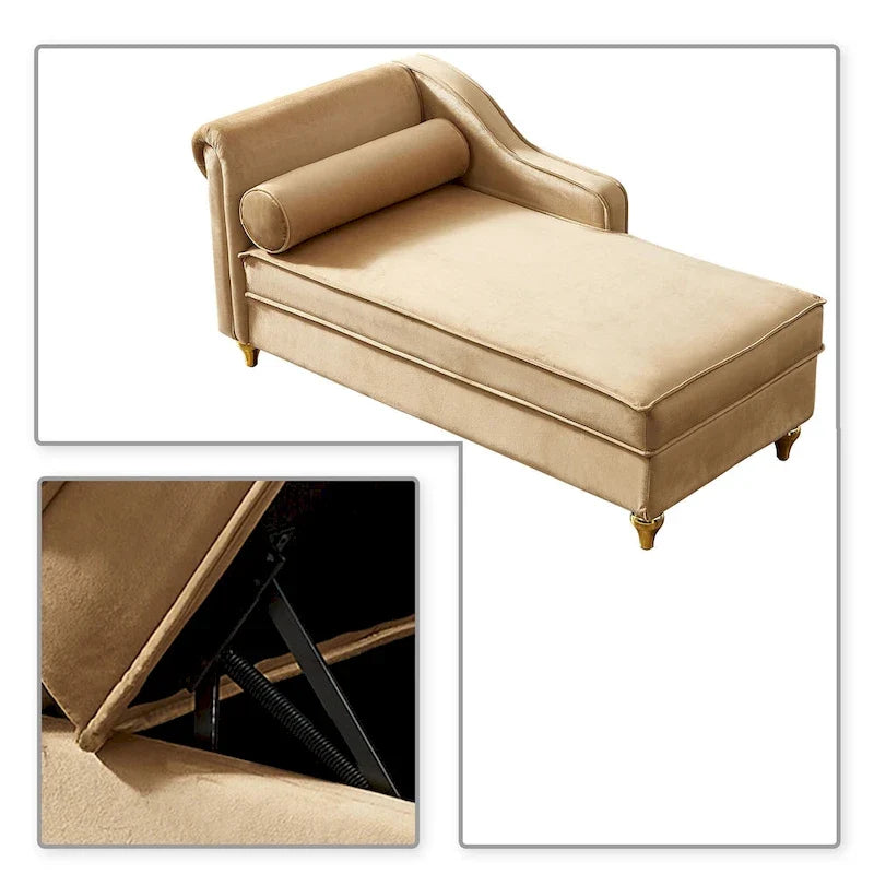 French Elegant Velvet Upholstered Storage Chaise Lounge Chair with a Pillow