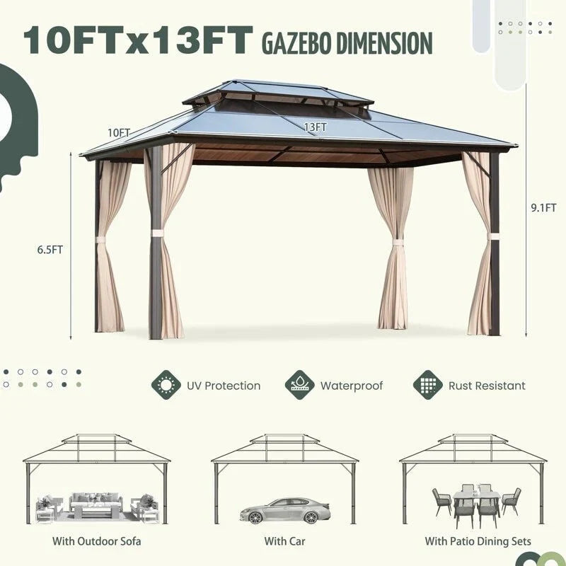 EROMMY Hardtop Gazebo,Outdoor Pergola with Double Roof & Netting & Curtains,Heavy Duty Canopy for Patio, Backyard, Pool party
