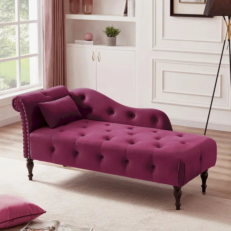Modern 60.6  Velvet Upholstered Buttons Tufted Chaise Lounge Chair with Solid Wood Legs and Nailheads