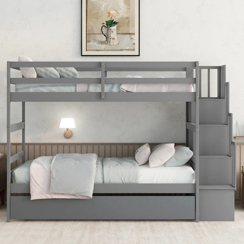 Twin over Twin Bunk Beds With Twin Trundle and Stairway Storage Function in Grey Color