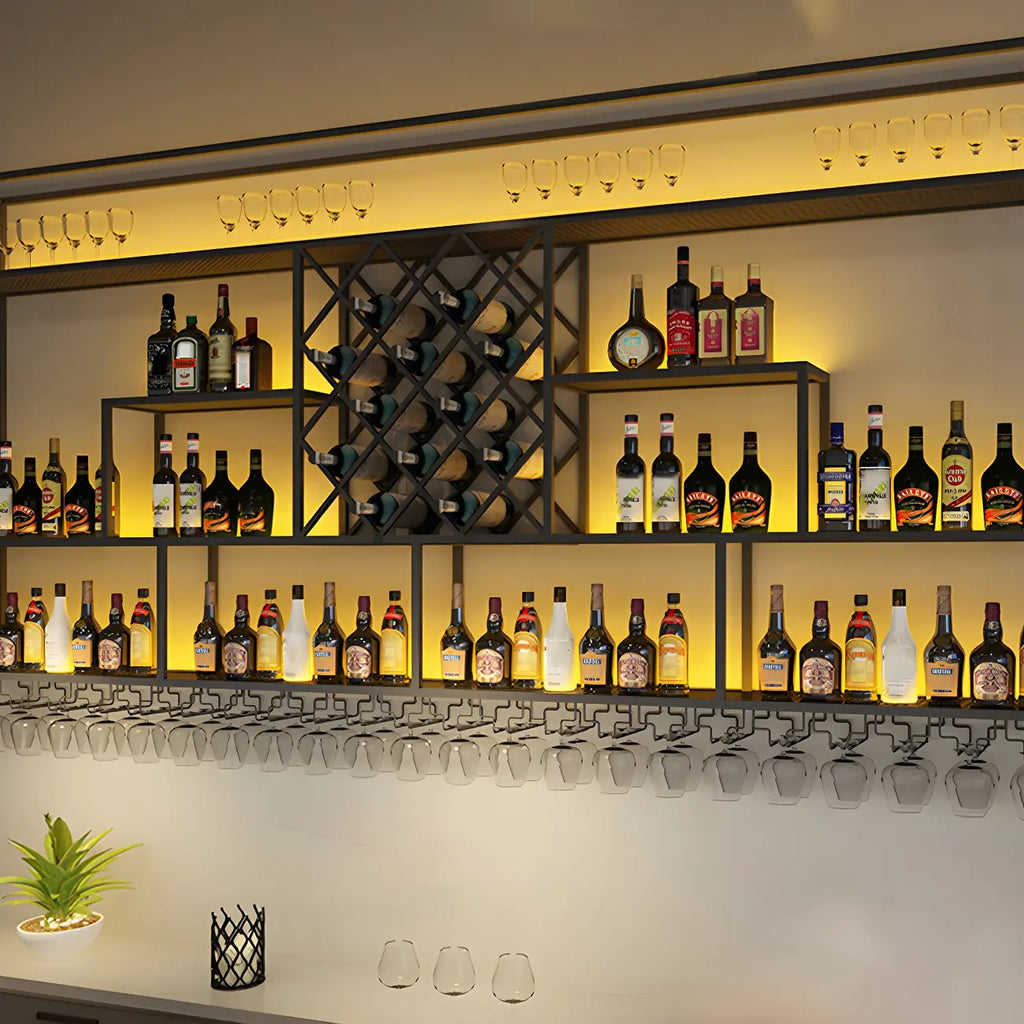 Rectangular Black Metal Wall-Mounted Wine Bottle Rack