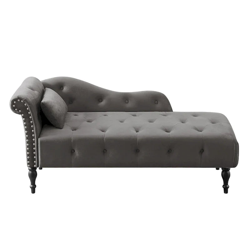 Modern 60.6  Velvet Upholstered Buttons Tufted Chaise Lounge Chair with Solid Wood Legs and Nailheads