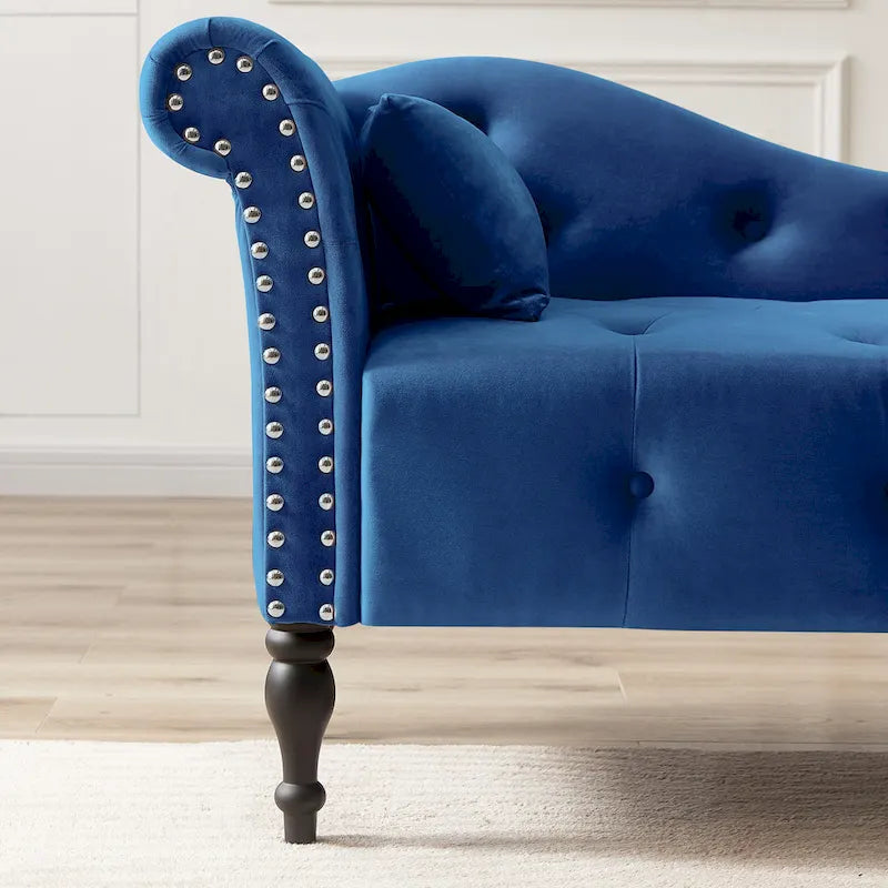Modern 60.6  Velvet Upholstered Buttons Tufted Chaise Lounge Chair with Solid Wood Legs and Nailheads