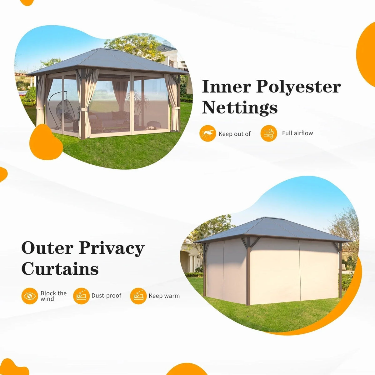 EROMMY Hardtop Gazebo,Outdoor Pergola with Double Roof & Netting & Curtains,Heavy Duty Canopy for Patio, Backyard, Pool party