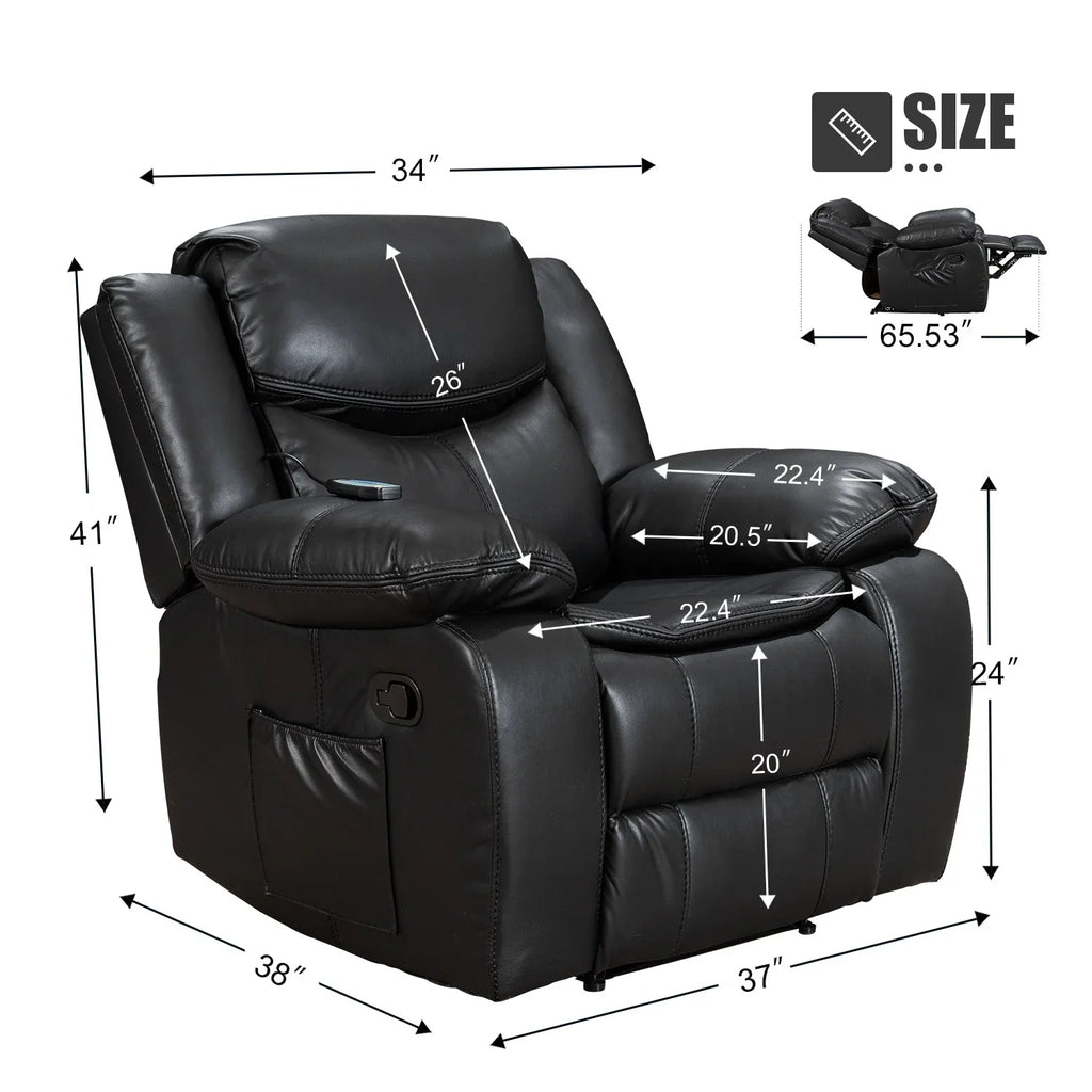 Wide Seat Durable Leather Massage and Heat Recliner